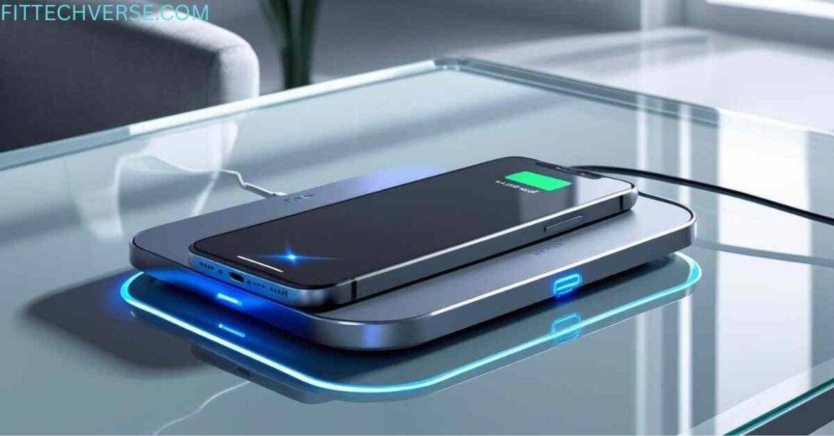 A modern smartphone wirelessly charging on a Press Play Pad Model P3WPC1 with a blue LED indicator on a clean desk.