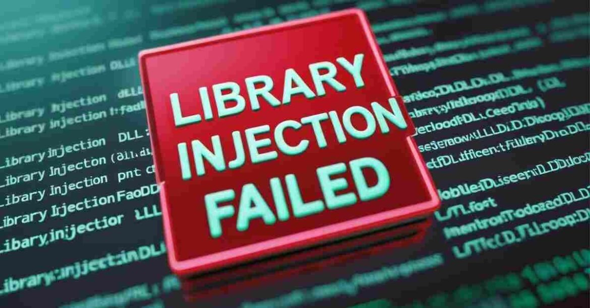 Computer screen displaying error: “library injection failed: mdc_shuttingdown not found” with DLL code lines in the background.