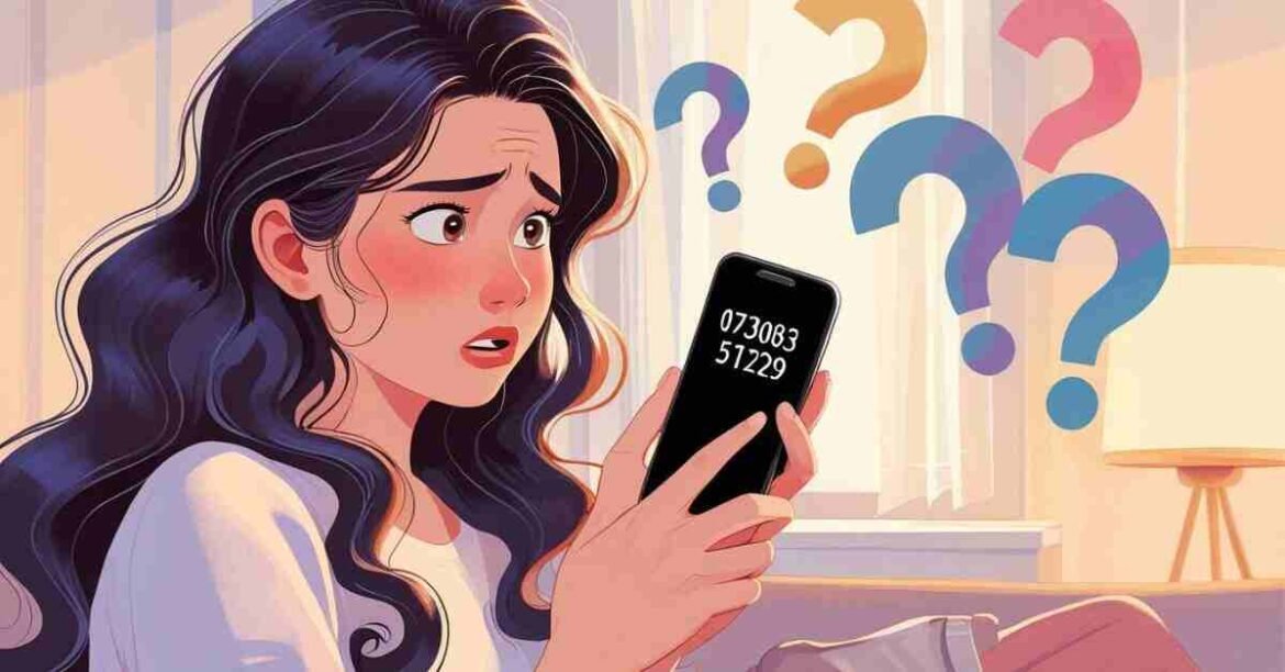 A confused person holding a phone with the number 07308351229 on the screen, thinking "Who called me?"
