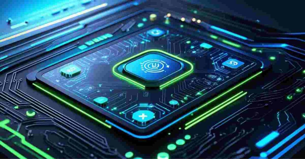 Futuristic digital interface with glowing system icons and circuit design representing the advanced features and smart architecture of Agoellupilqeaa1.1.