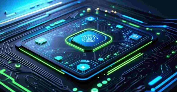 Futuristic digital interface with glowing system icons and circuit design representing the advanced features and smart architecture of Agoellupilqeaa1.1.