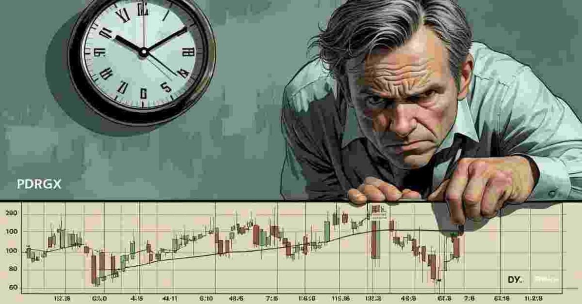 Investor watching a flat stock chart at noon in a modern office.