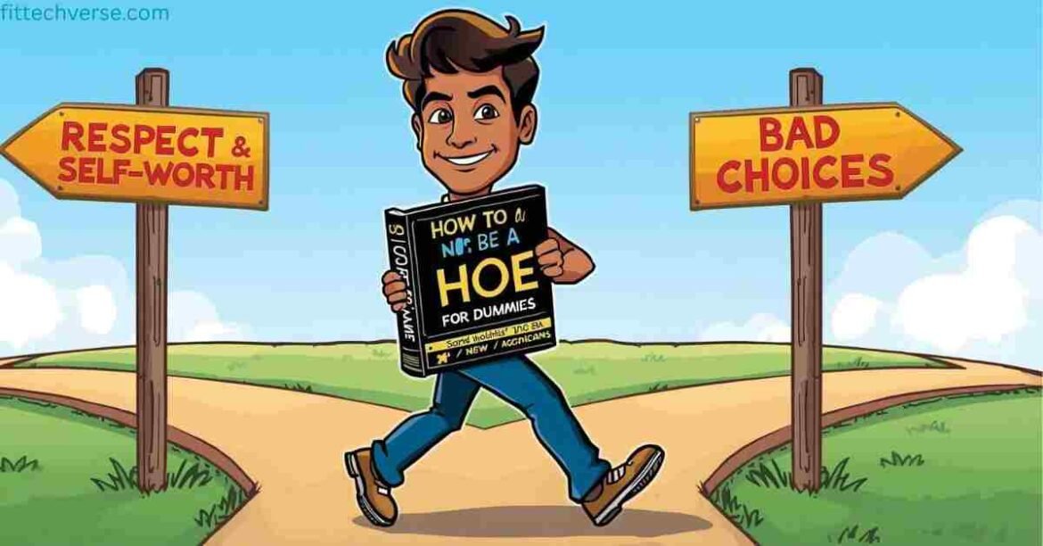 Cartoon-style illustration of a person holding a book titled How to Not Be a Hoe for Dummies while choosing the path of respect and self-worth instead of bad choices.