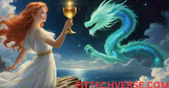 A glowing maiden holding a golden elixir under a starry sky with a dragon spirit in the background, symbolizing destiny and transformation.