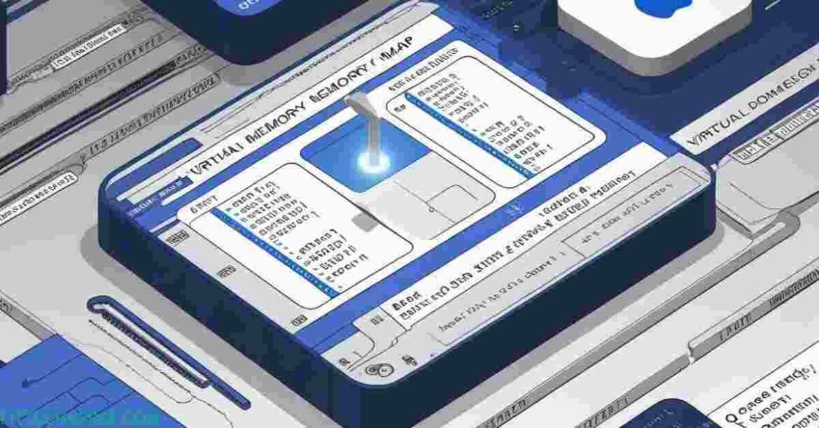 Illustration of a virtual memory map in macOS, showing labeled memory regions with a glowing pointer highlighting the base address, set against a backdrop of binary code and a macOS-inspired interface.