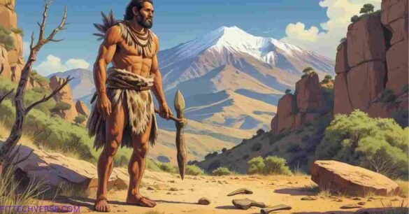 Ancient human figure standing in the Andean highlands of Tarija, Bolivia, with archaeological tools and bones in the background, representing El Hombre de San Luis.