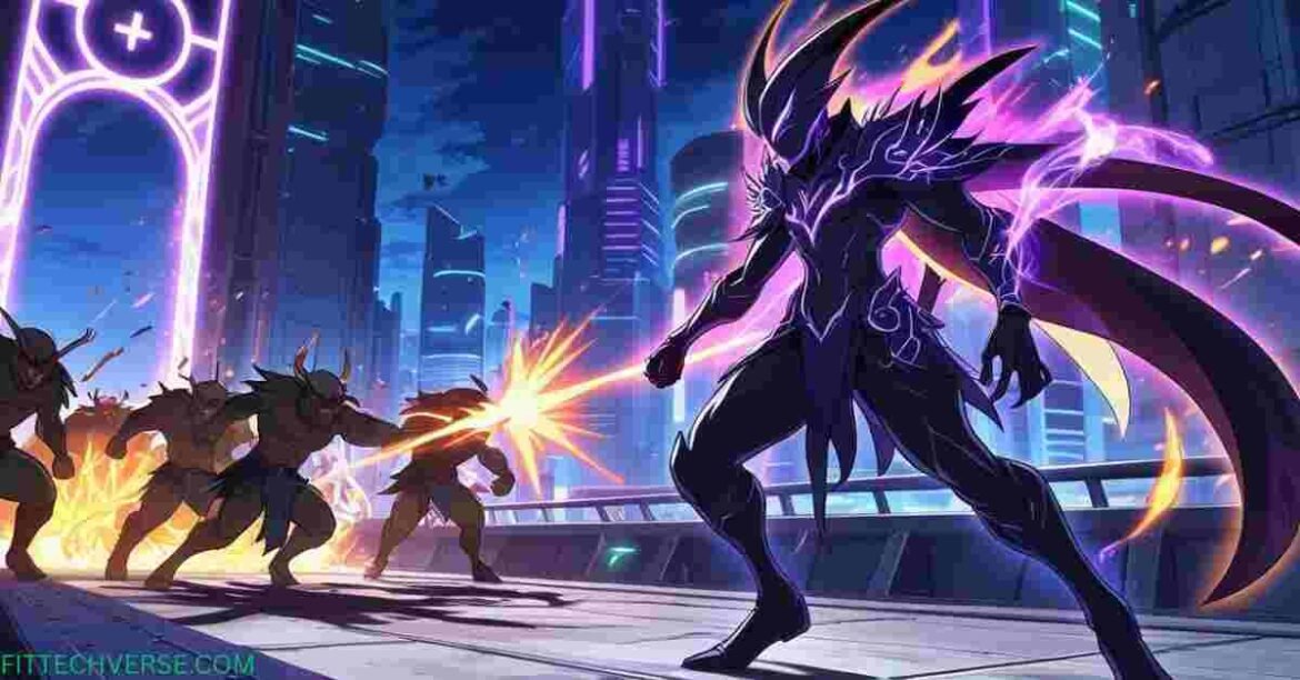 Anime-style battle scene featuring a B rank Longan shadow fighting Largalgan enemies on a bridge in Solo Leveling City, with a glowing C+ dungeon portal in the background