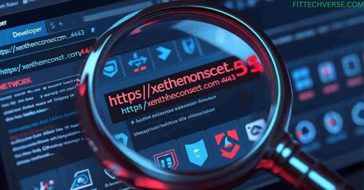 Browser developer tools showing network activity with suspicious URL (xenthenconscet.com:443) and extension icons being inspected.
