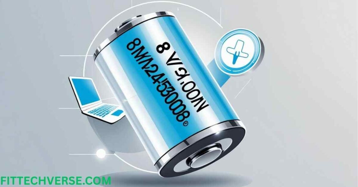 Illustration of an 8mya24k051an0086 lithium-ion battery with a laptop and medical device in the background, showcasing its use in electronics.