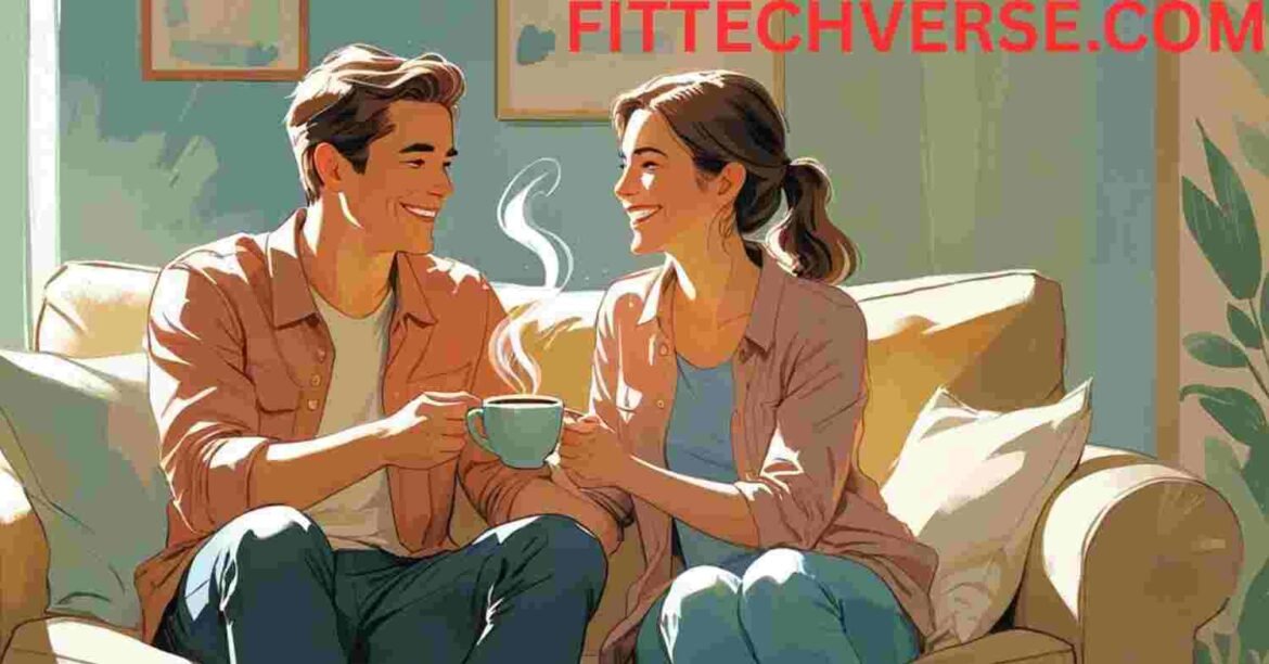 Illustration of two people sitting closely, smiling and talking in a cozy setting with pastel colors, a coffee cup, and an open book, representing a healthy relationship.