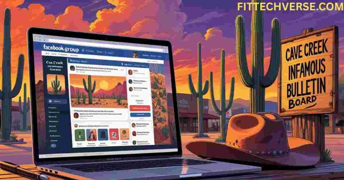 A colorful digital illustration of Cave Creek, Arizona, at sunset, showcasing a laptop displaying the Cave Creek Infamous Bulletin Board Facebook group with posts about local events and pets. Cacti, a cowboy hat, and a rustic sign highlight the town’s Western heritage