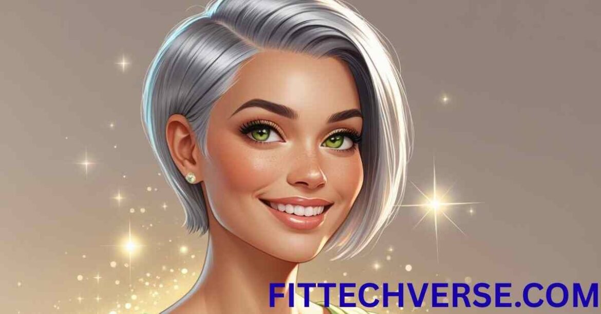 Illustration of a smiling woman with short gray hair, a small piggy nose, and hazel eyes in a green dress, set against a soft gradient background with sparkles.