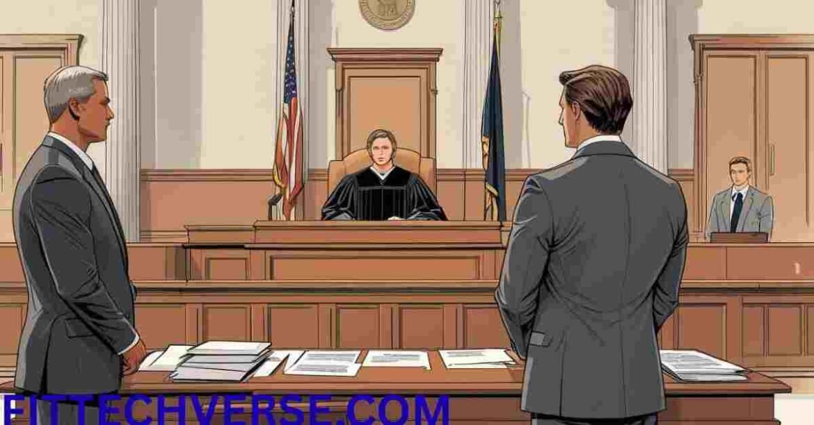 Illustration of a courtroom with a judge, lawyer, and defendant, representing the Janessa Hannigan case hearing in the U.S. District Court for the District of Oregon