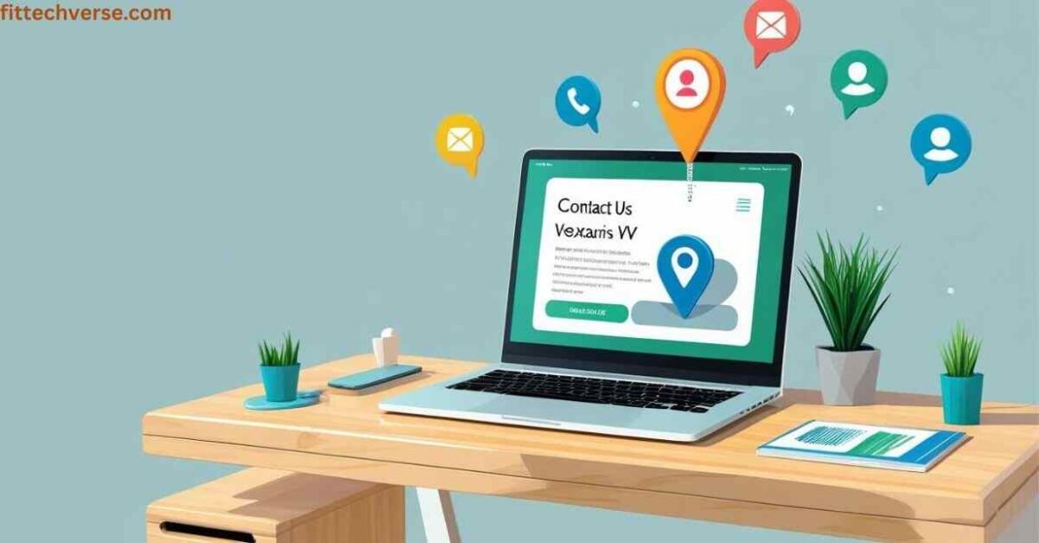 Modern customer service illustration with laptop showing contact form for 4501 Xylandra Vexaris WV, location pin, and communication icons.