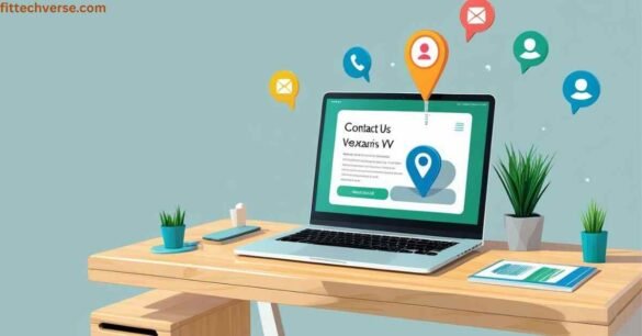 Modern customer service illustration with laptop showing contact form for 4501 Xylandra Vexaris WV, location pin, and communication icons.