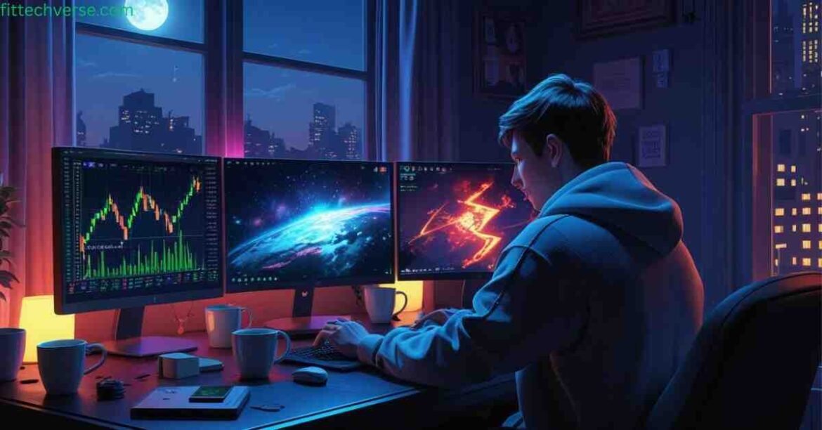 Person working late at night on multiple computer screens with coffee, neon lights, and a digital clock showing 3:15 AM in a quiet cityscape.