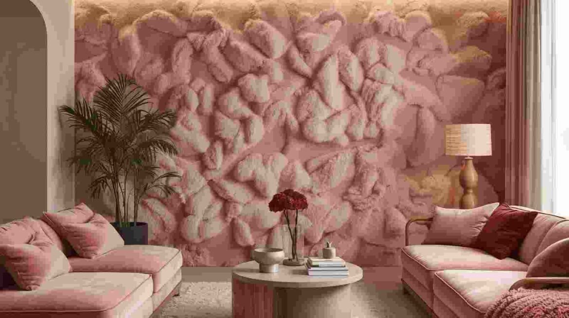 Elegant interior with pink chinchilla pattern TW2GTE on a feature wall, showcasing cozy furniture, soft textures, and modern decorative accents.