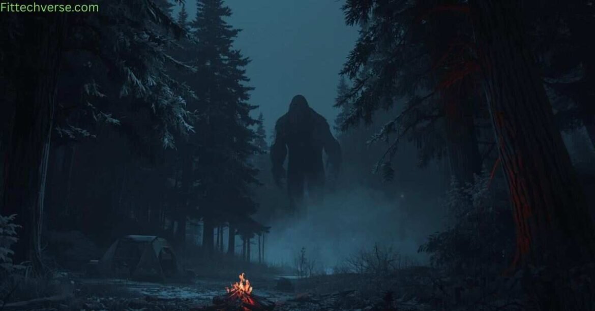 A hiker walking cautiously in a dark forest, symbolizing fear caused by Bigfoot myths