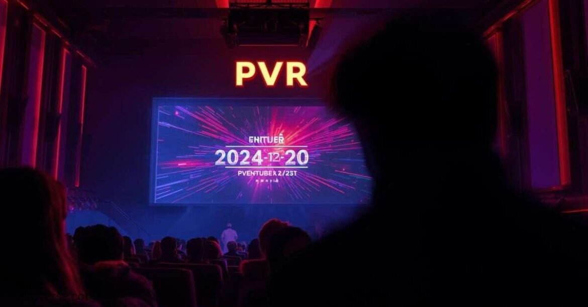 Silhouette of a face on a digital cinema screen at PVR with the date 2024-12-20 glowing in neon, symbolizing sweet_69billy face event and audience anticipation.