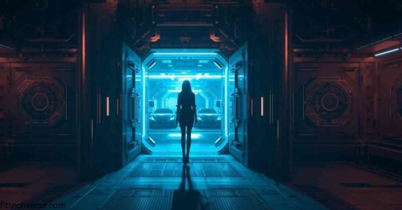Futuristic digital bunker with a mysterious female figure, symbolizing missaliceairtight 2 full bunker missalice, exclusivity, and online identity.