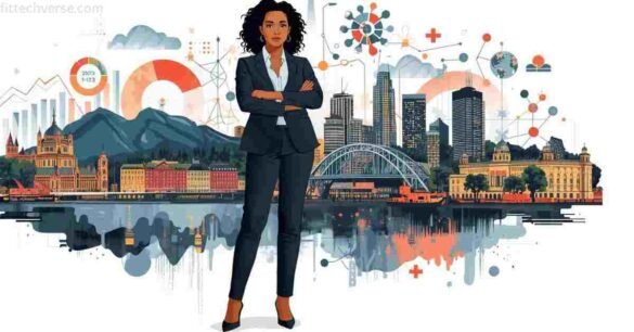 Jelka Zbardak in Montreal Quebec with skyline, growth charts, and cultural diversity icons symbolizing entrepreneurship, innovation, and community leadership.