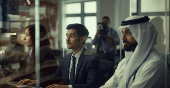 Kelly Parker filming H-1B visa workers sharing their real-life experiences in a U.S. tech office documentary scene.