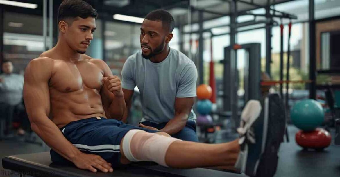 Sports injury rehabilitation with physiotherapist helping athlete recover from leg injury in a modern clinic