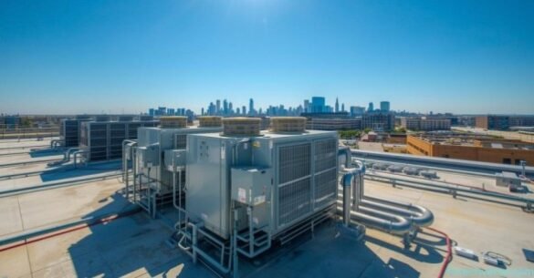 Rooftop commercial HVAC units installed on a Fort Worth office building with city skyline in the background