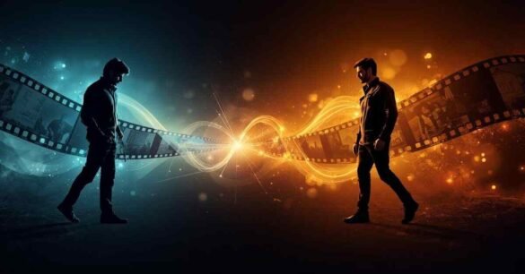 Symbolic image showing evolution of Indian cinema from 2006 to 2023, representing similarities between Animal and Pokiri through creative film-themed visuals.