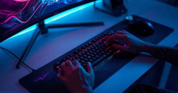 Gamer using mouse and keyboard in a neon-lit setup symbolizing precise control and customization for fist out mit maus und tastatur spielen usitility hqwptb_konq.